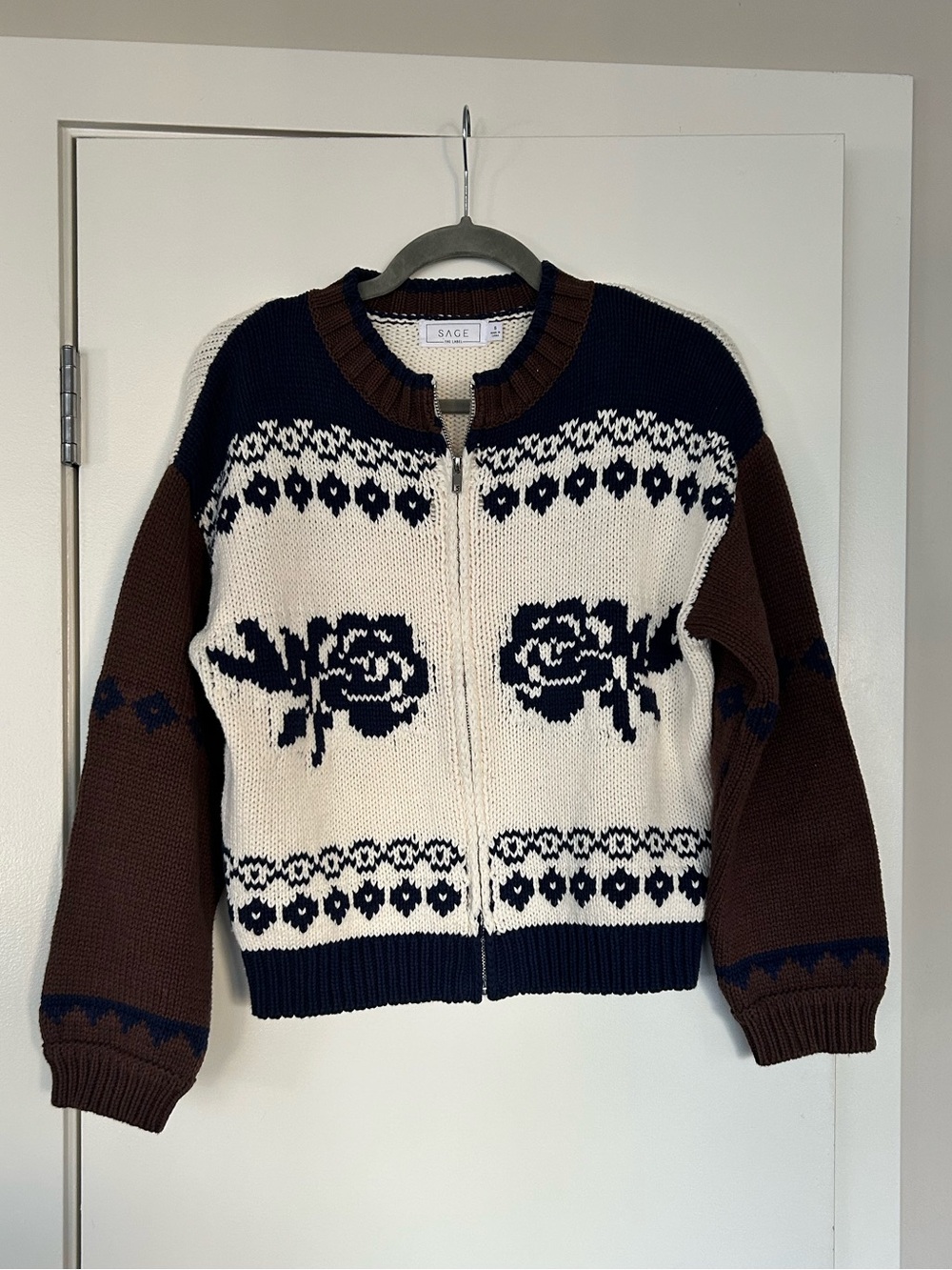 Sage Brown, Cream & Navy Floral Zip Cardigan Sweater